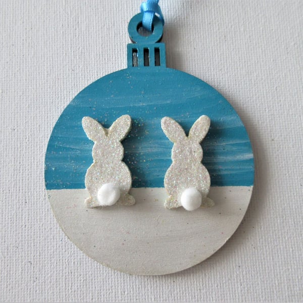 Hanging Decoration Christmas Tree Bauble Bunny Rabbit Blue White Snow Scene