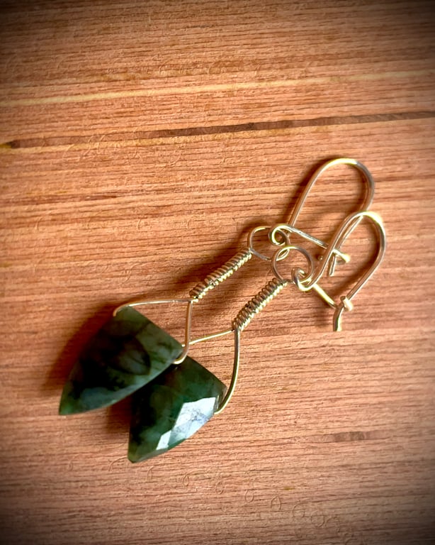 Emerald shield shaped gemstone drop earrings 