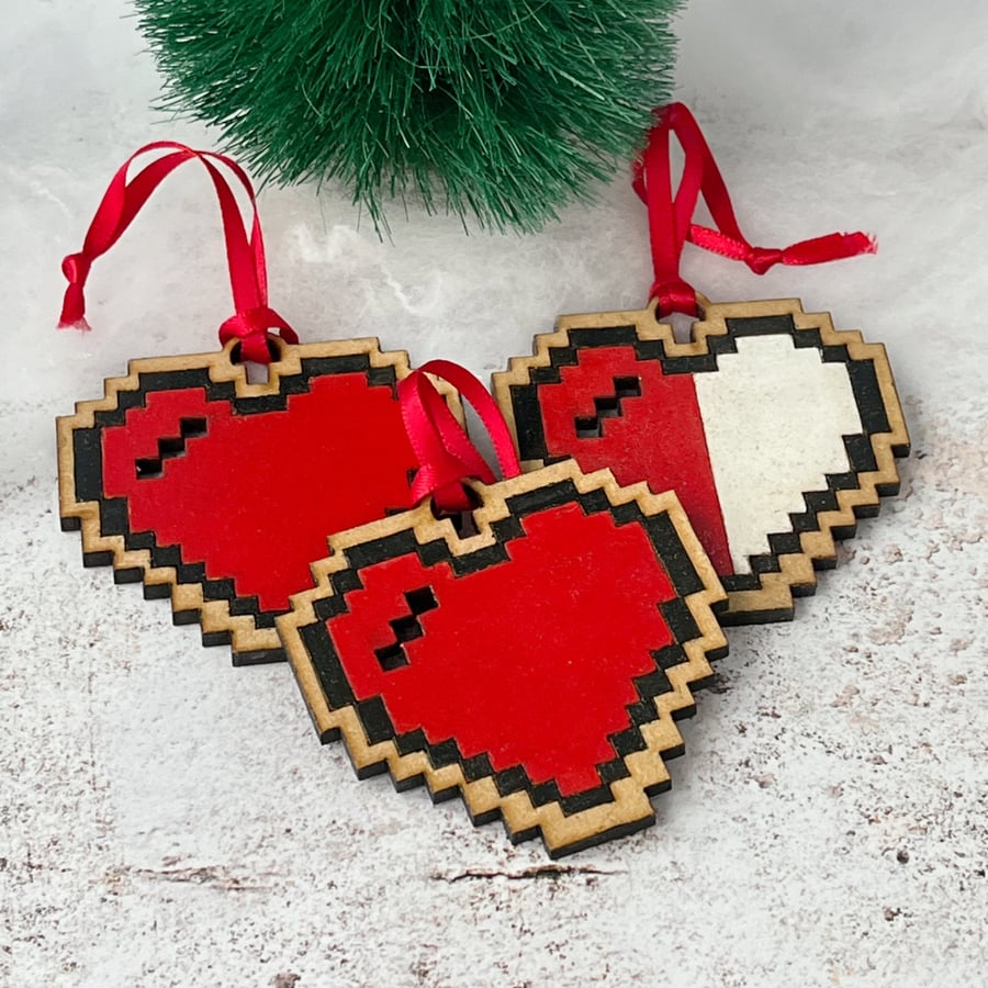 Pixel heart decorations set of 3, 8-bit hearts hand painted hanging decorations