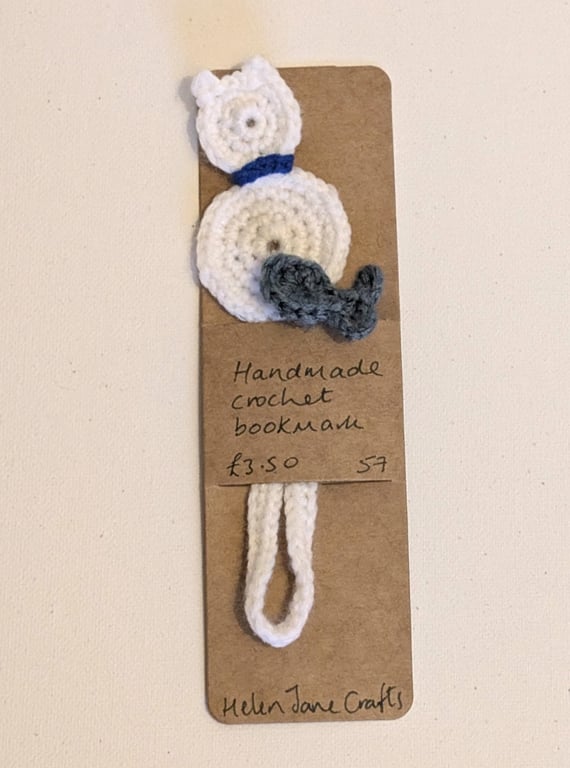Handmade crochet cat bookmark - white with blue collar