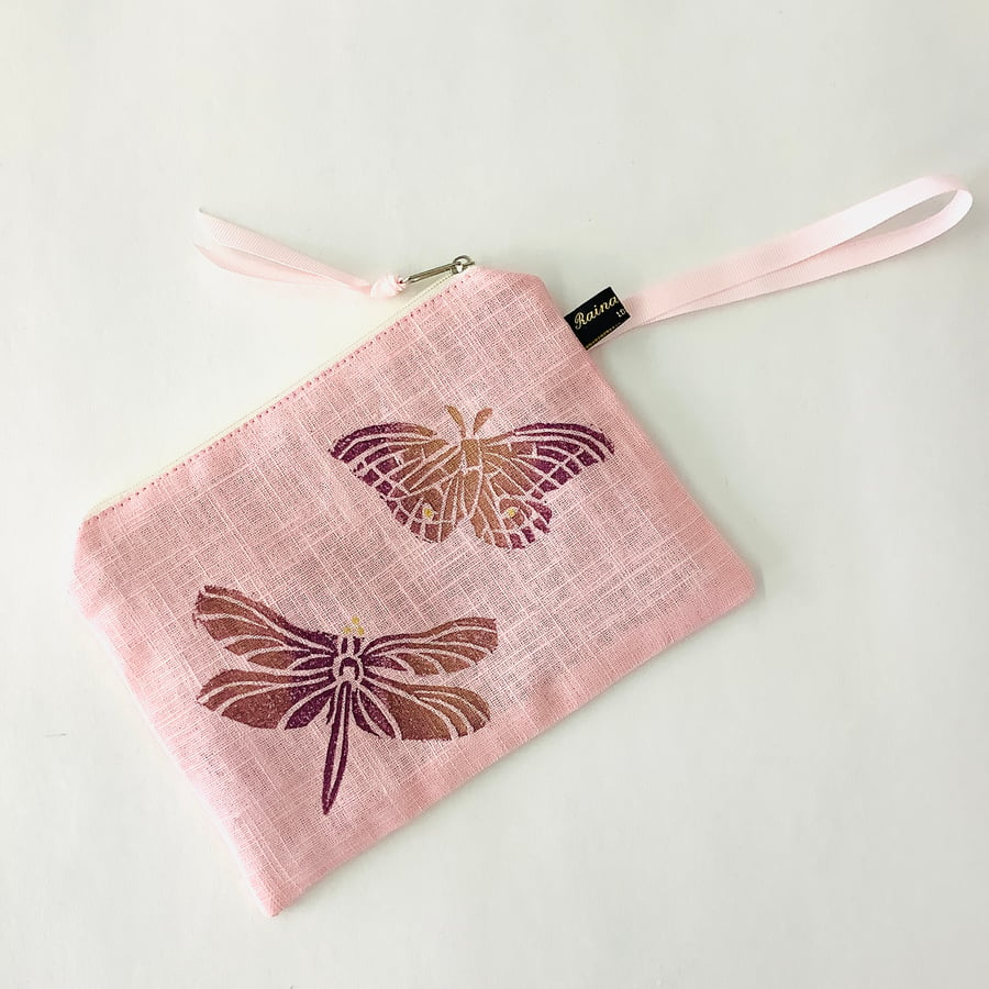 Pink Butterfly and Dragonfly linen zip-up pouch; Makeup Bag; Hand printed Purse 