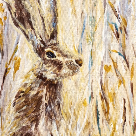 Original Hare Painting in Acrylics on Canvas, British Wildlife Art