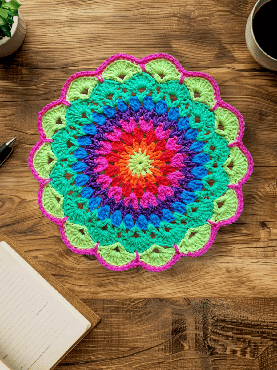 colourful crochet doily, mandala flower table mat