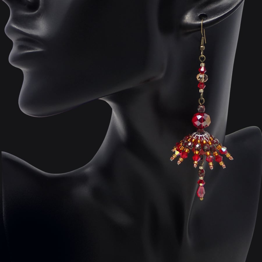 Bohemian Red Chandelier Earrings with Sparkly Crystals and Gemstone Beads