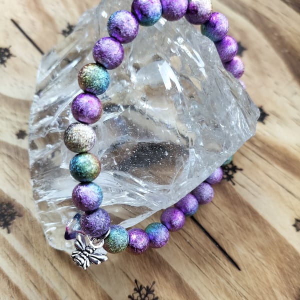 Purple and blue miracle bead bracelet with bee