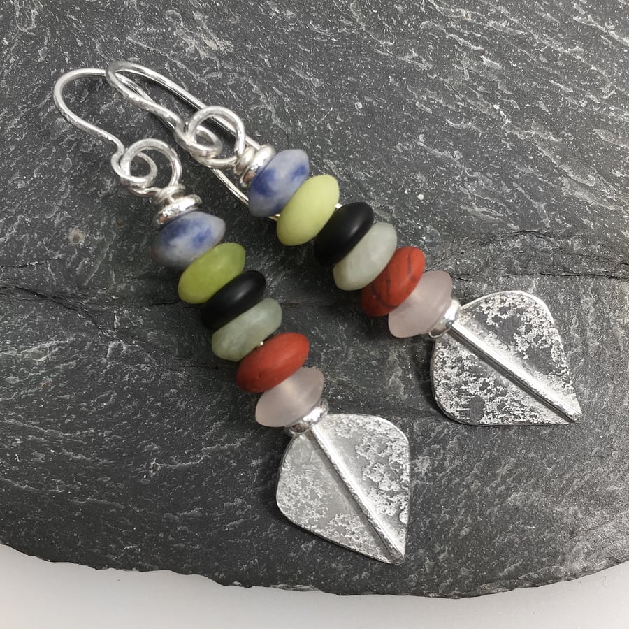 Silver and gemstone long spear earrings