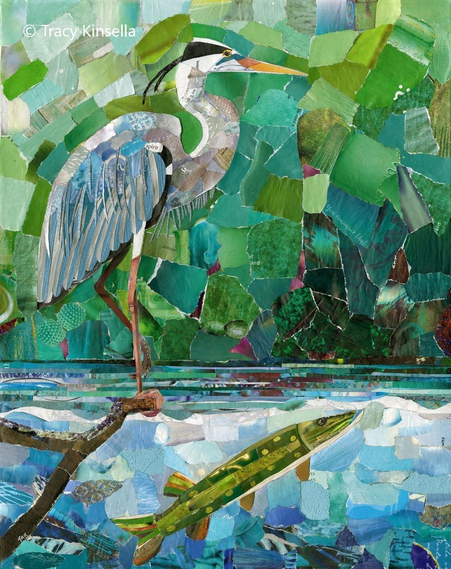Collage heron fishing water bird gift Giclee Print A4