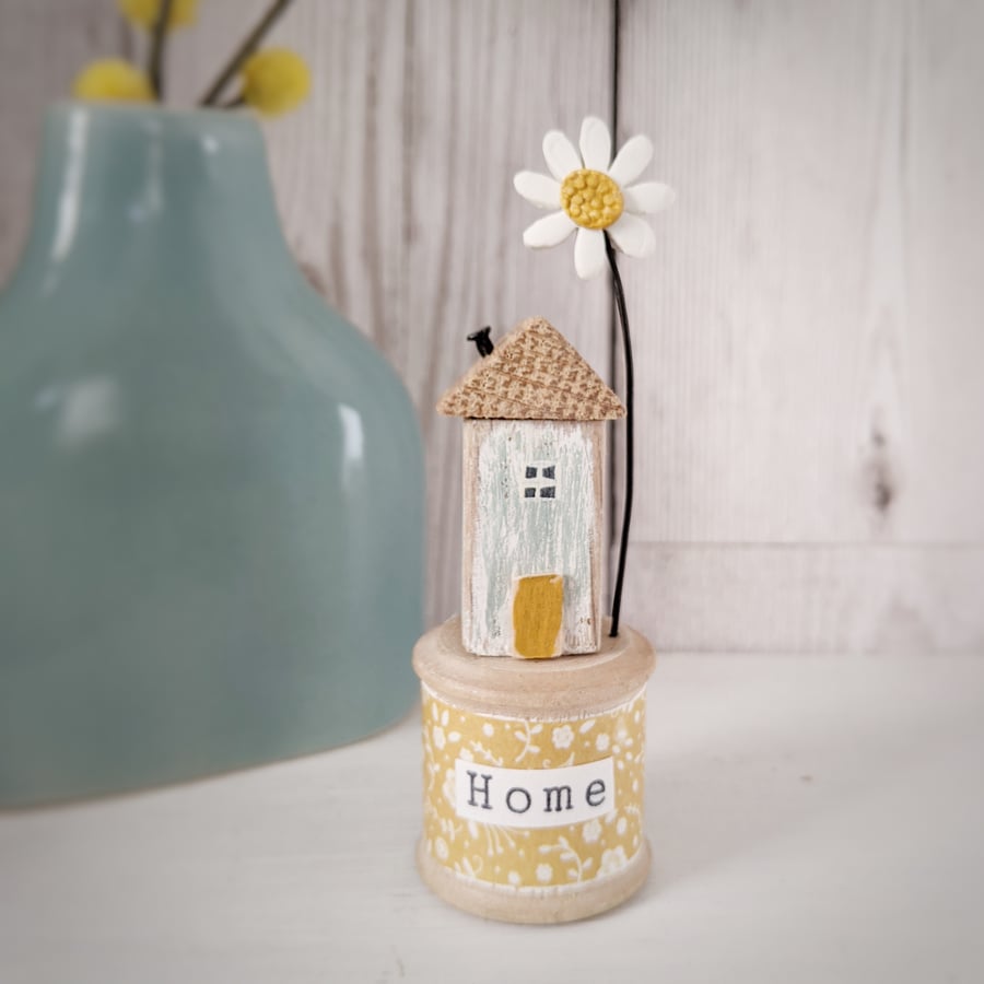 Wooden House on a Vintage Floral Bobbin with Daisy 'Home'