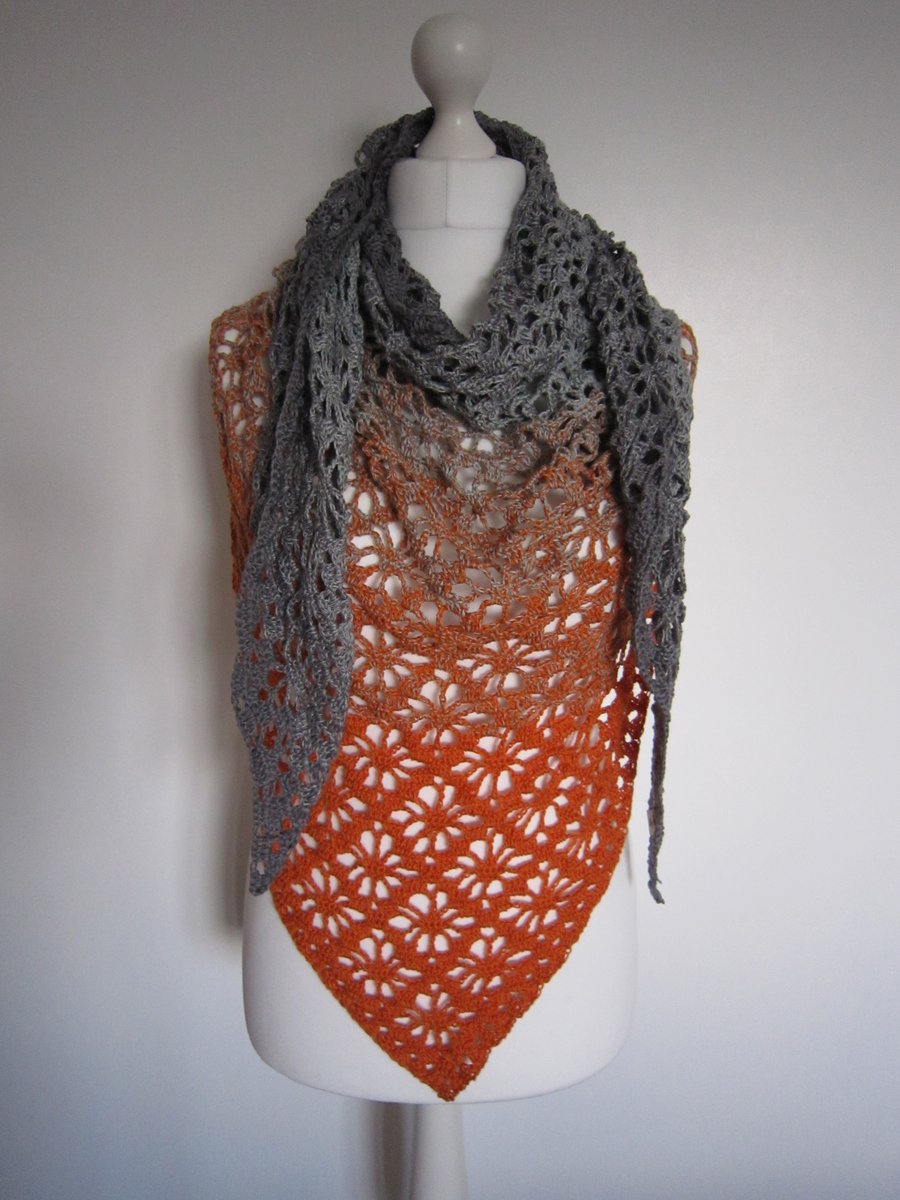 Grey and Orange Triangular Shawl, Ladies Shawl, Crochet Shawl, Summer Shawl