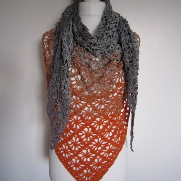 Grey and Orange Triangular Shawl, Ladies Shawl, Crochet Shawl, Summer Shawl