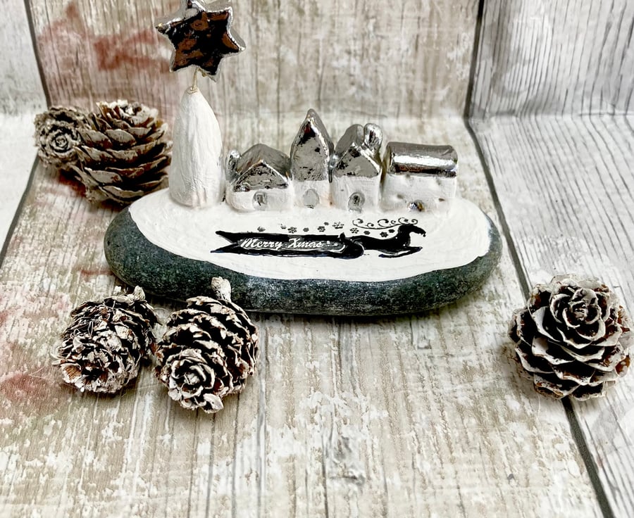 Winter Village On A Natural Stone Handcrafted Clay Ornament With Silver Star