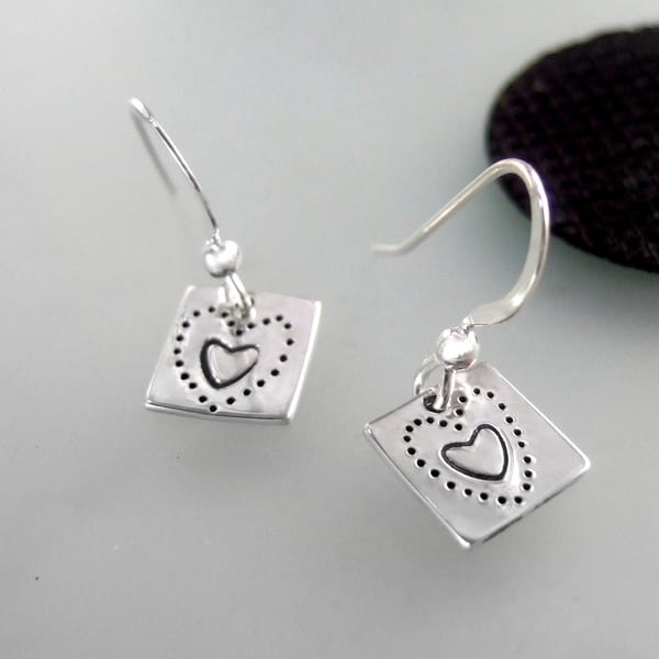 Recycled Sterling Silver Heart Drop Earrings