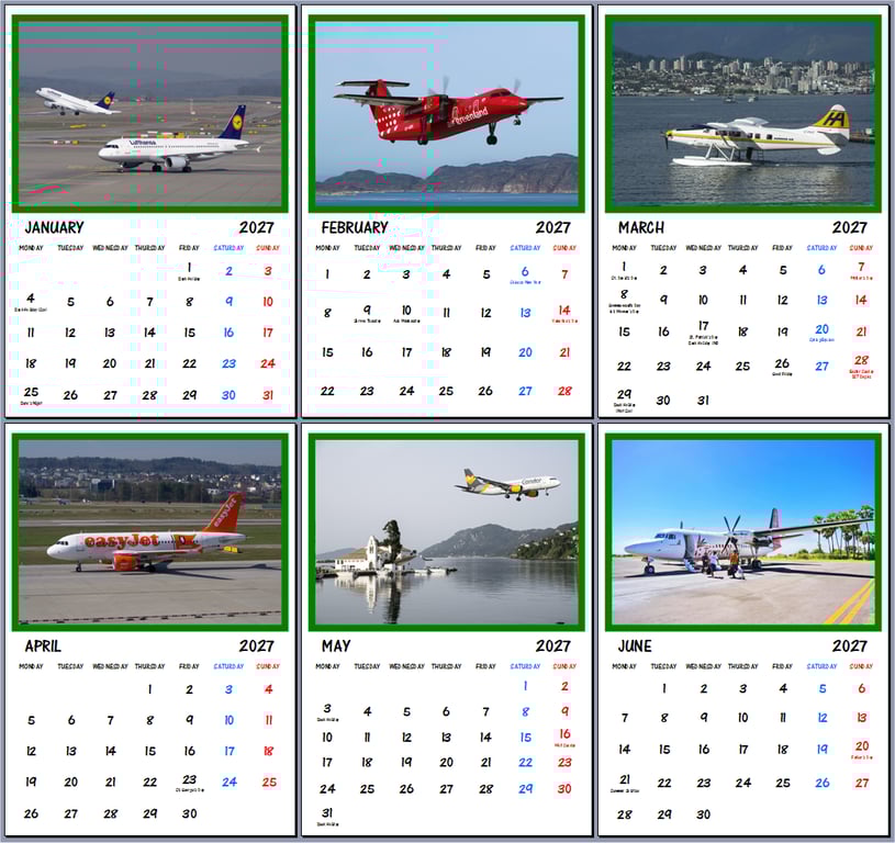 2027 Calendar Aeroplanes Commercial A4 Page Per Month 