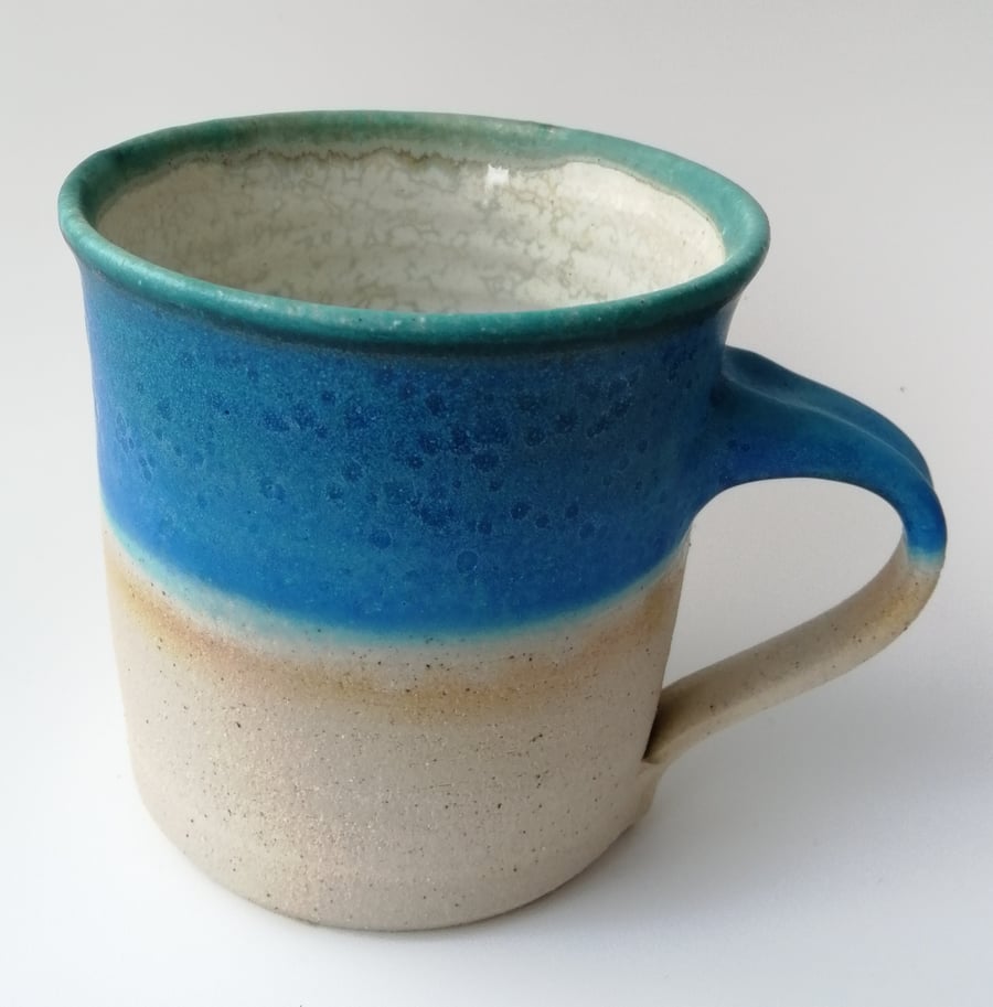 Handmade thrown stoneware pottery large latte or tea mug blue green