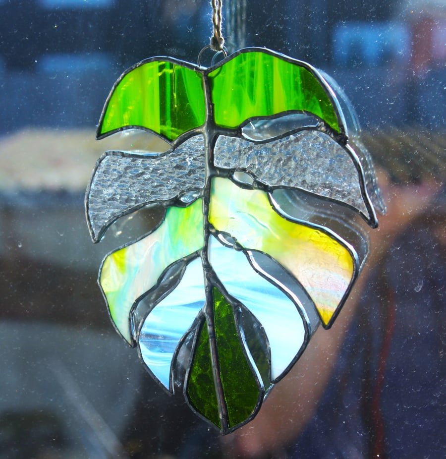 Monstera leaf stained glass suncatcher