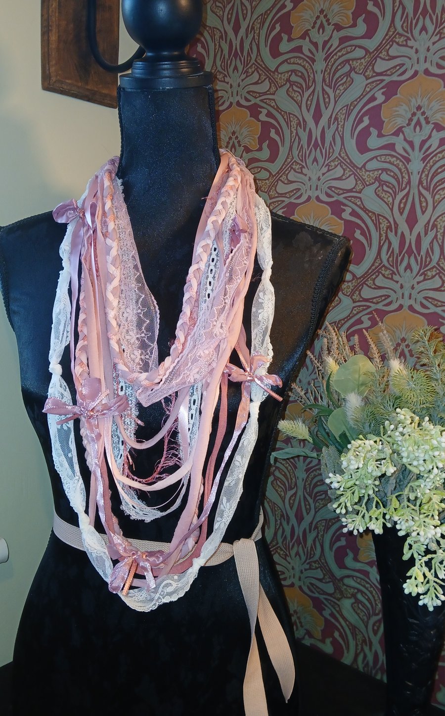 Handmade upcycled Gothic Boho infinity scarf, Coquette, baby doll pink,
