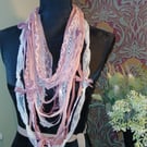 Handmade upcycled Gothic Boho infinity scarf, Coquette, baby doll pink,