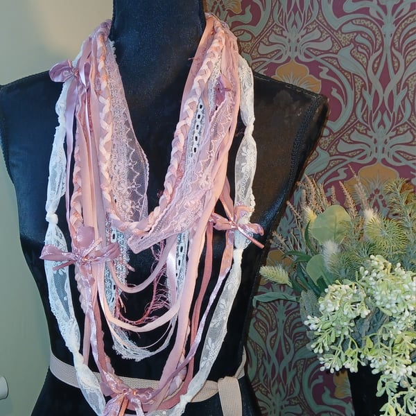 Handmade upcycled Gothic Boho infinity scarf, Coquette, baby doll pink,