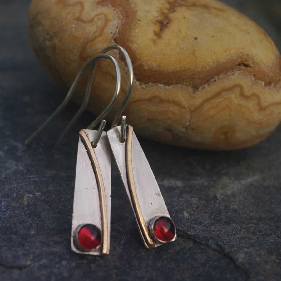 Silver and Gold Shoreline Earrings with Garnets