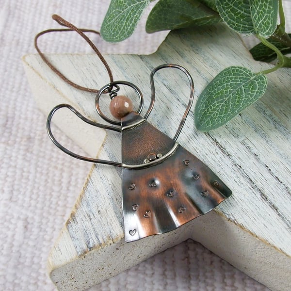 Angel Decoration with Stamped Hearts and Rhodonite Gemstone 