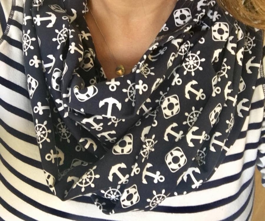Jersey Infinity Scarf Scarves, Nautical, Boats, Navy Blue Scarf, Rope, Anchors