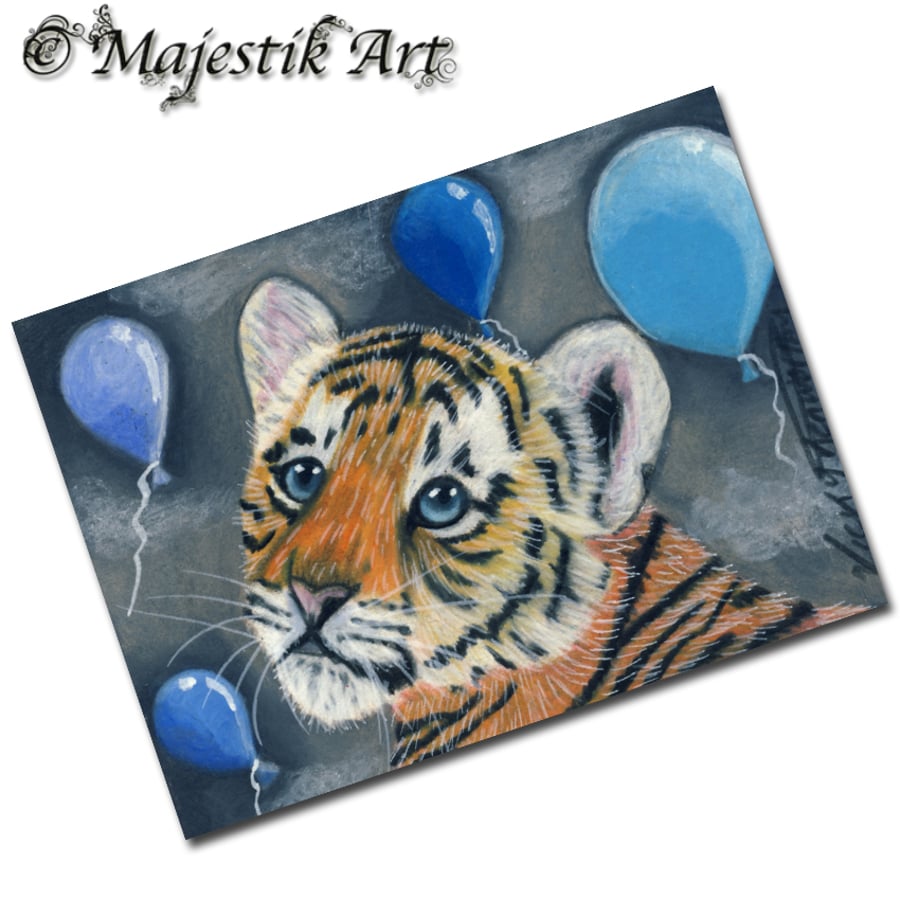 Archival ACEO Tiger Cub Print 'Balloons' By V Kenworthy