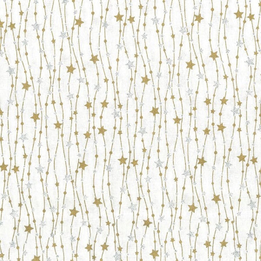 Christmas Fabric Gold Silver Glitter Stars White Cotton Craft Fabric - 1 Metre