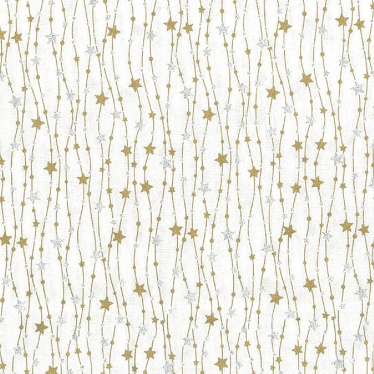 Christmas Fabric Gold Silver Glitter Stars White Cotton Craft Fabric - 1 Metre
