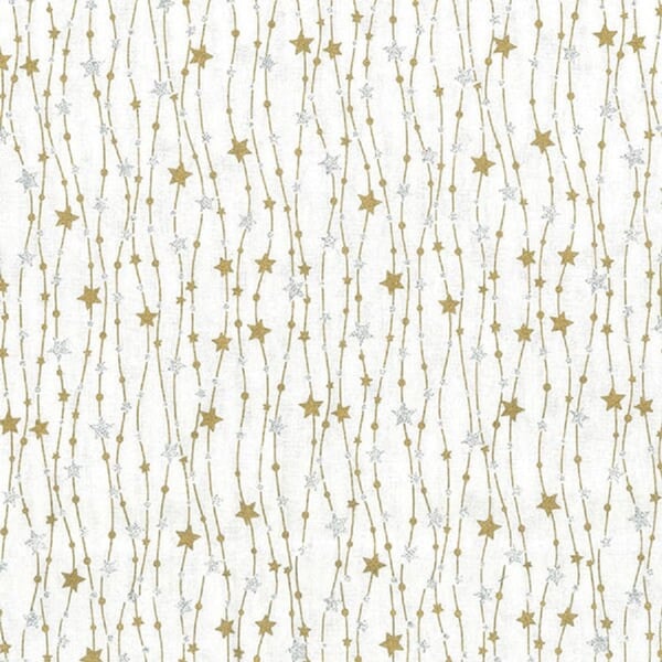 Christmas Fabric Gold Silver Glitter Stars White Cotton Craft Fabric - 1 Metre