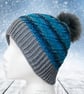 Crochet hat, beanie. Blue and grey ombre ladies swirl pom pom hat. Ladies hat. - Image 1