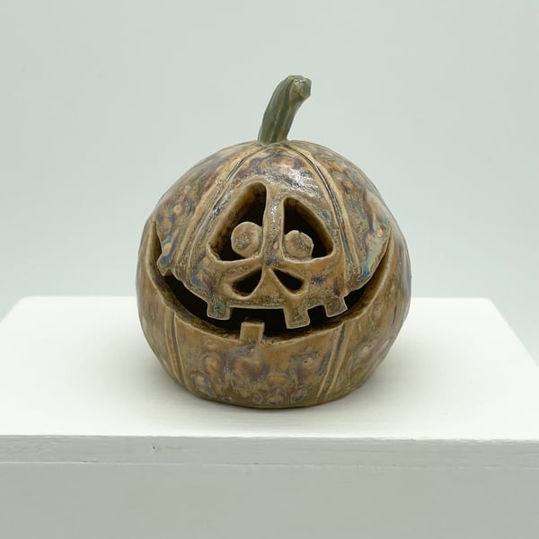 Handmade Halloween Pumpkin Lantern - Carved Ceramic Spooky Decoration