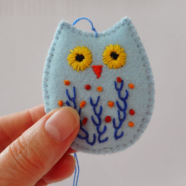 Light blue hand embroidered felt owl hanging decoration