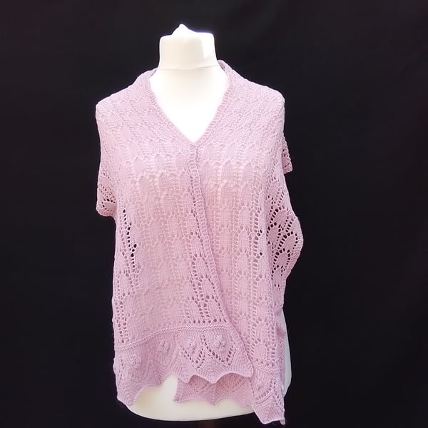 Ladies lacy shawl or wrap hand knitted in light pink alpaca and wool mixed yarn