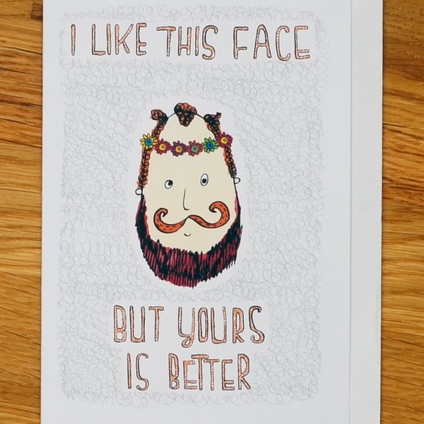 beard face greetings card, birthday, anniversary, valentines, any occasion