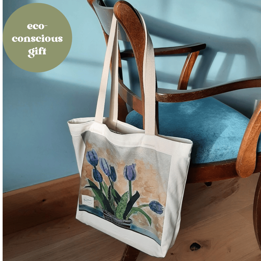 Elegant Tote Bag: Original Tulips Collage Artwork, Organic Cotton