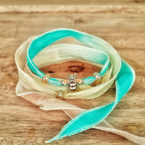 Bee Silk Wrap Bracelet Turquoise & Cream
