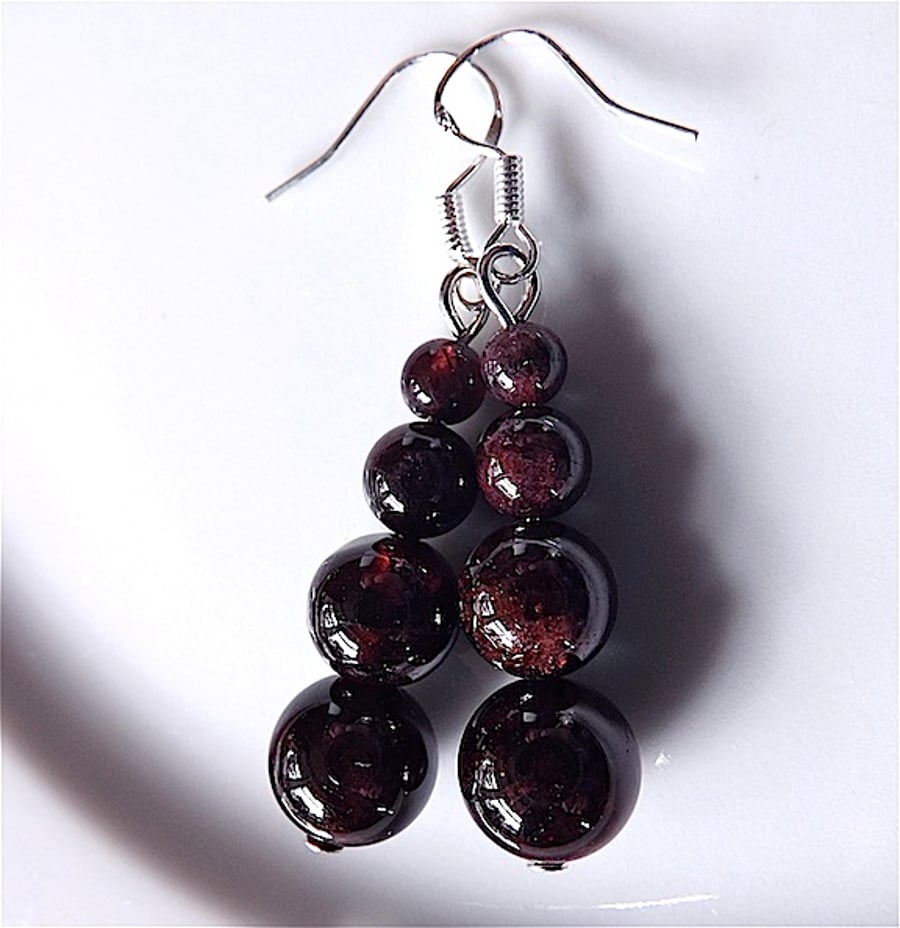 Garnet earrings for pierced ears, sterling silver gem stone dangles.