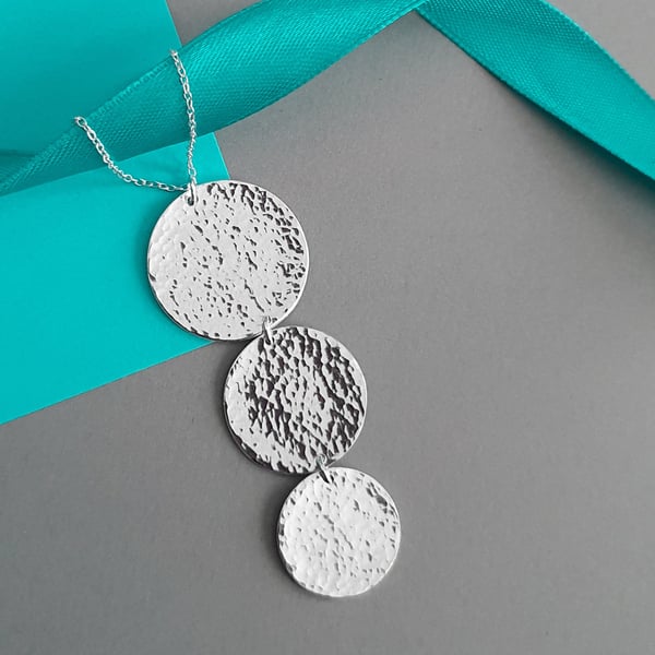 Statement triple hammered silver disc necklace - Handmade long pendant