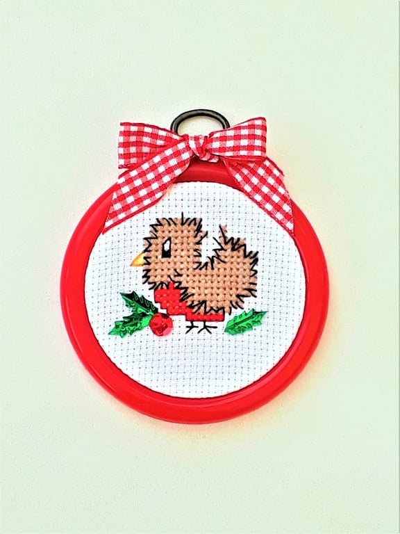 Christmas Robin Cross Stitch Hoop Decoration with Holly and Berry sequin detail