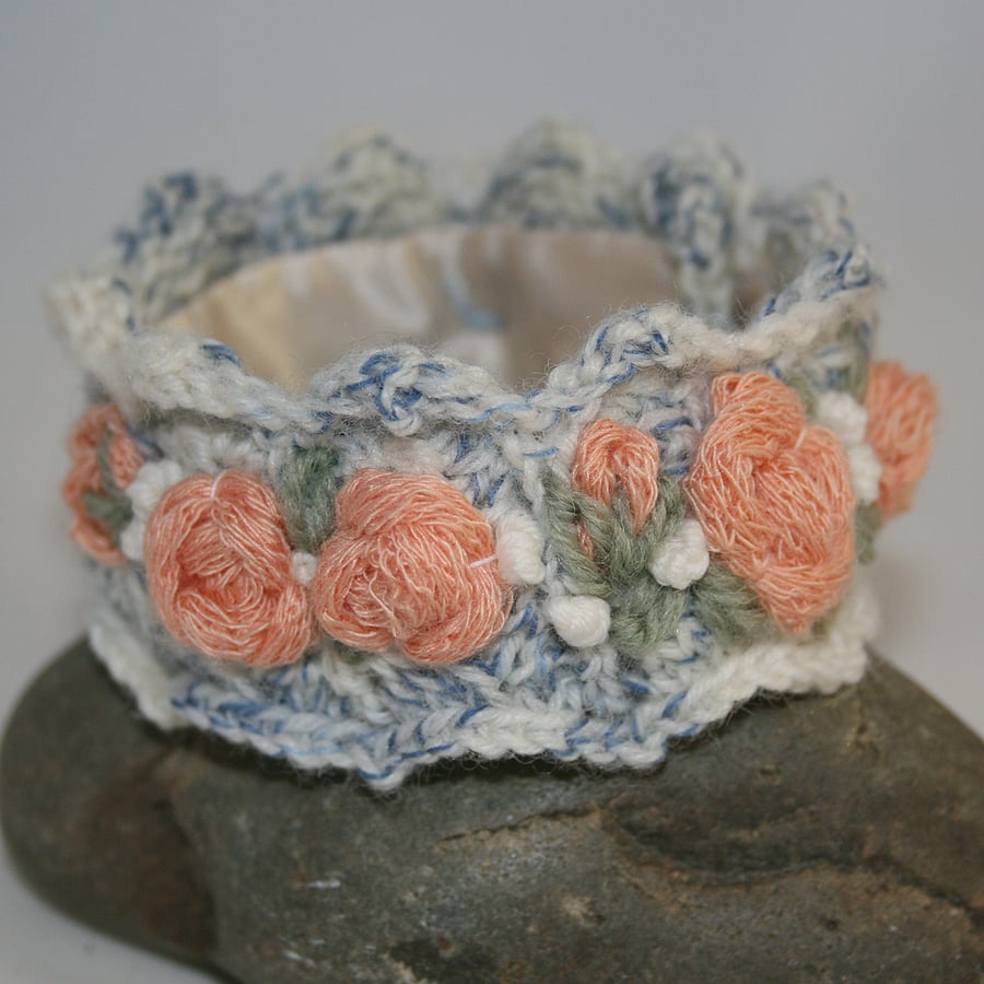 SALE - Embroidered and Knitted Cuff - Peach Rose Garland on blue and cream