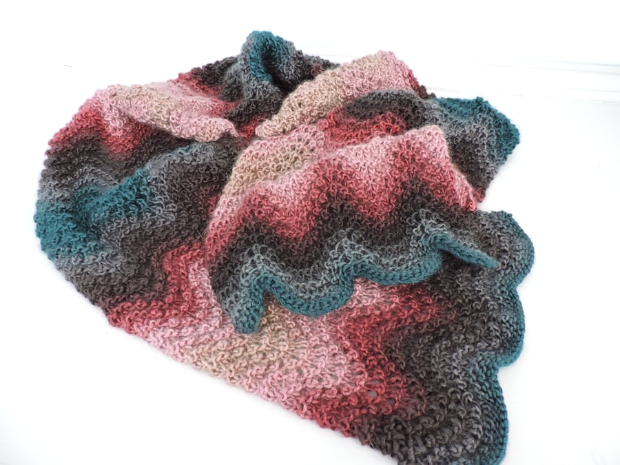 Knitted Scarf  Wavy Pattern  Rose, Sea Green, Pale Pink, Charcoal