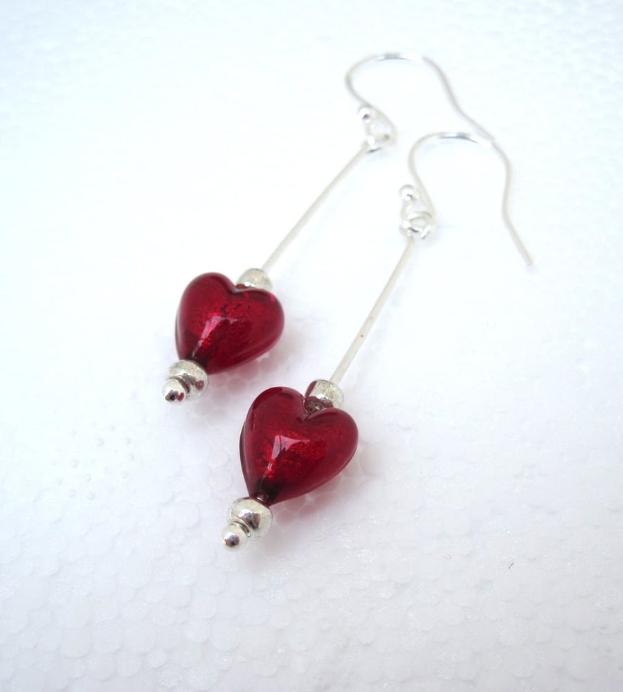 Red Heart earrings Venetian murano glass & Silver Earrings Red.  Drop 
