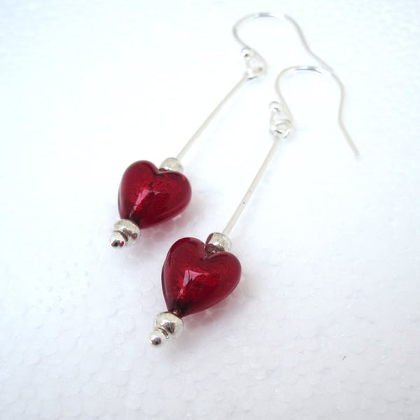 Red Heart earrings Venetian murano glass & Silver Earrings Red.  Drop 