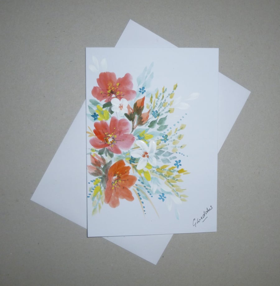 hand painted original art floral blank card ( ref FA 389 B4 )