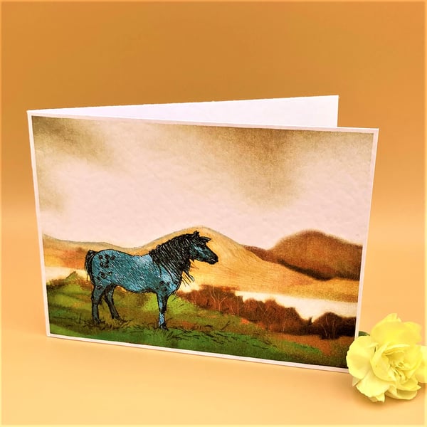 Birthday Card, Blue Roan Pony in a mountain landscape, Happy Birthday message