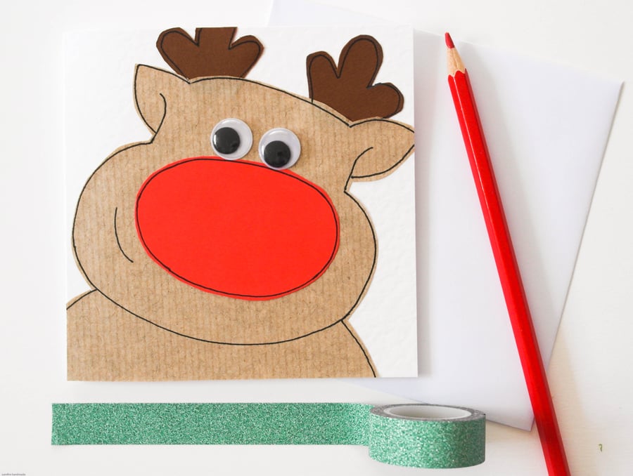 Rudolph the reindeer handmade Christmas card, Cute reindeer Xmas card