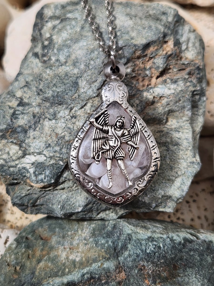 Archangel Saint Michael rose quartz crystal stainless steel pendant angel neckla