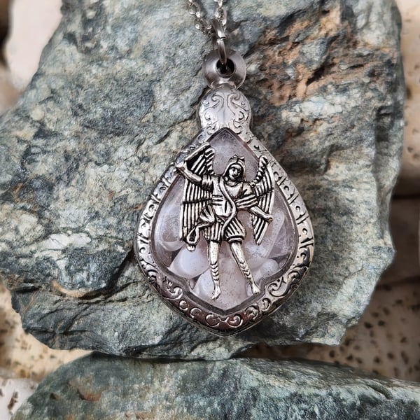 Archangel Saint Michael rose quartz crystal stainless steel pendant angel neckla