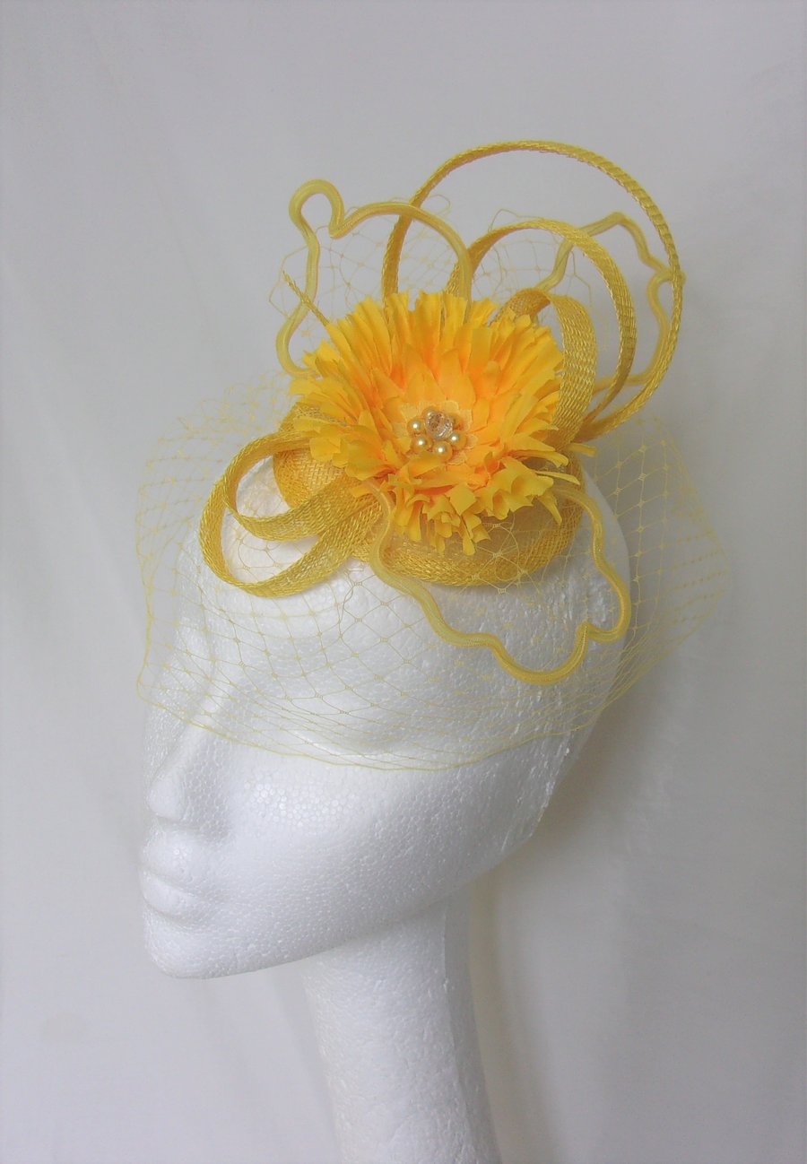Bright Buttercup Yellow Daisy Flower & Sinamay Veiled Fascinator Wedding Hat