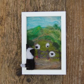  Needle felt picture - Collie watching  sheep .  Landscape - Textile Art
